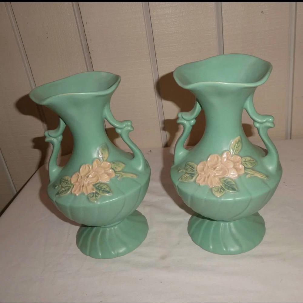 VTG Weller Pottery Wild Rose Green Matte Twin-Handled Vase –$62 Ea - 2 Avail